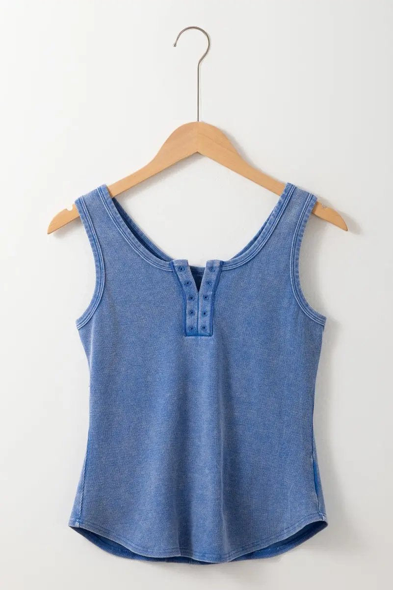 Sky Blue Mineral Wash Ribbed Notch Neck Tank Top for Women - Love Salve